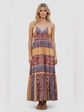 Bohemian Floral Stripe Maxi Dress in Yellow, Blue & Red